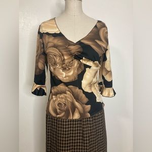 Vintage 90s sepia tone rose print 3/4 sleeve top
